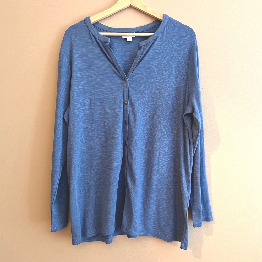 J. Jill Blue Pima Cotton Slub Knit Button Front Long Sleeve Lagenlook Top XL